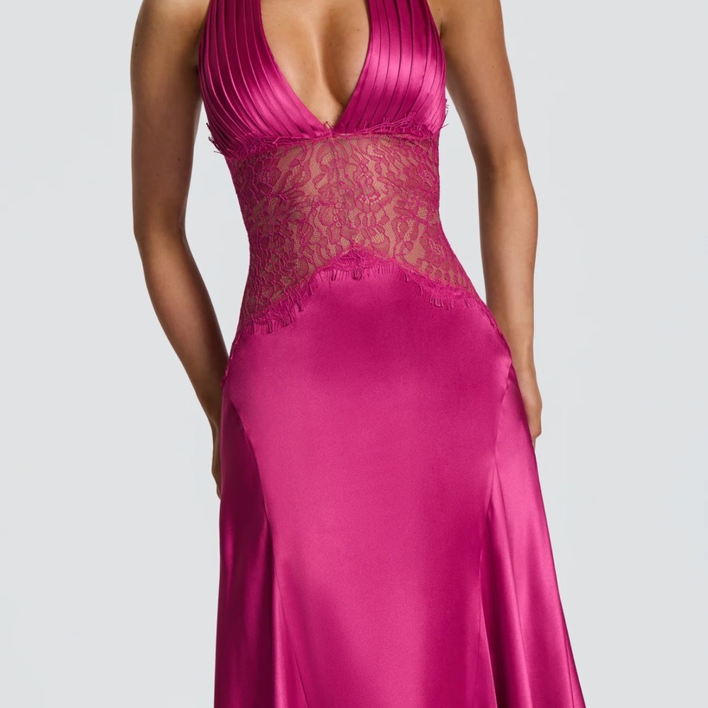 Hot Pink Plunging Halter Evening Gown - Picture 2 of 4